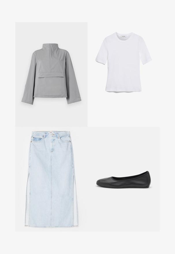 Giacca grigia corta con colletto alto, maniche ampie, dettagli della tasca frontale e una trama di tessuto liscia e leggera.; T-shirt bianca a maniche corte realizzata in tessuto a costine. Collo rotondo, vestibilità regolare e dettagli di cucitura sottili. Senza motivi o grafiche.; Gonna maxi in denim azzurro chiaro con taglio dritto, dotata di spacchi laterali e design a cinque tasche. Cuciture in evidenza e chiusura con bottone in metallo.; Pantofole da balletto nere in pelle con punta arrotondata, texture liscia, dettagli di cucitura minimi e design con suola flessibile.