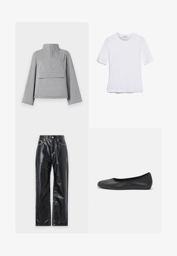 Siva krojena jakna ima visok ovratnik, široke rukave, detalj s prednjim džepom i glatku, laganu teksturu tkanine.; Bijela majica s kratkim rukavima izrađena od rebraste tkanine. Okrugli izrez, klasičan kroj i suptilni detalji šivanja. Bez uzoraka ili grafika.; Crne hlače od umjetne kože sa širokim nogavicama, s bijelim šavovima, prednjim džepovima i zlatnim gumbom na pojasu.; Crne kožne baletanke s zaobljenim vrhom, glatke teksture, minimalnim detaljima šavova i fleksibilnim dizajnom potplata.