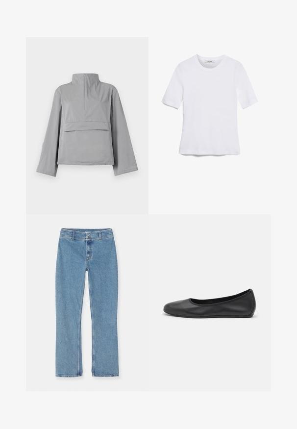 Hnedý skrátený kabát má vysoký golier, voľné rukávy, detail prednej vrecka a hladkú, ľahkú textúru látky.; Biela krátka tričko s krátkymi rukávmi vyrobené z rebrovanej látky. Klasický okrúhly výstrih, bežný strih a jemné švy. Bez vzorov alebo grafiky.; Svetlo modré džínsy s rovnými nohavicami, zapínanie na gombík a zips, pútka na opasok a klasické stehy na bielom pozadí.; Čierne kožené baleríny s okrúhlou špičkou, hladkým povrchom, minimálnym prešívaním a flexibilným dizajnom podrážky.