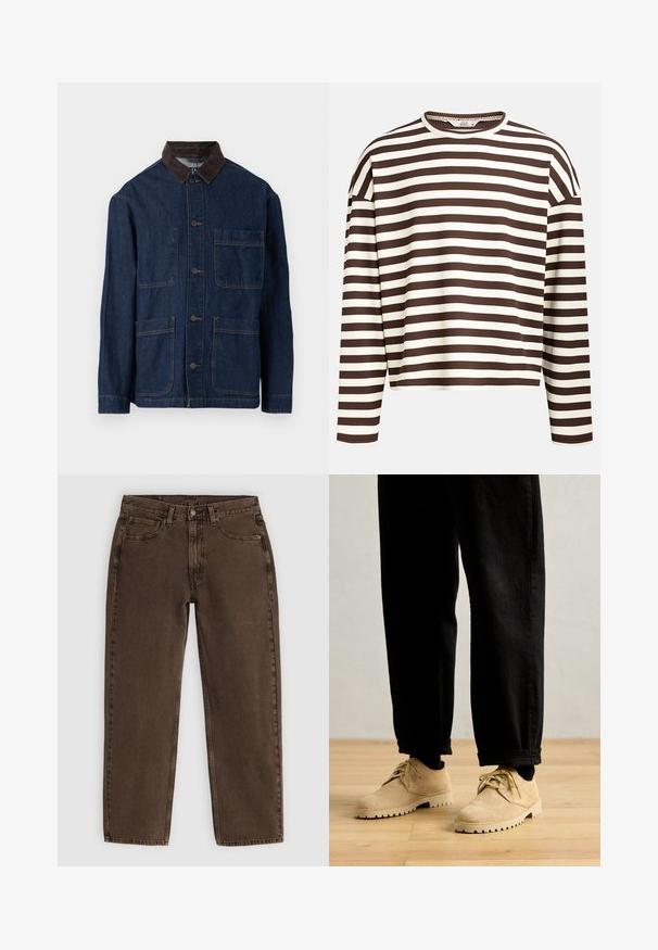 Donkerblauwe spijkerjack met een bruine corduroy kraag, voorzien van een knoopsluiting aan de voorkant en vier zakken. Verstevigde stiksels zichtbaar.; Bruin en crèmekleurig gestreept langärmige top met een ronde halslijn, geribbelde textuur en verlaagde schoudernaden, met een cropped snit.; Bruine denim jeans met een rechte pasvorm, vijf zakken, sluiting met een voorste knoop en minimale stikdetails. Zachte textuur met een matte afwerking.; Clarks Originals DESERT ROCK LO - Sportieve veterschoenen - maple