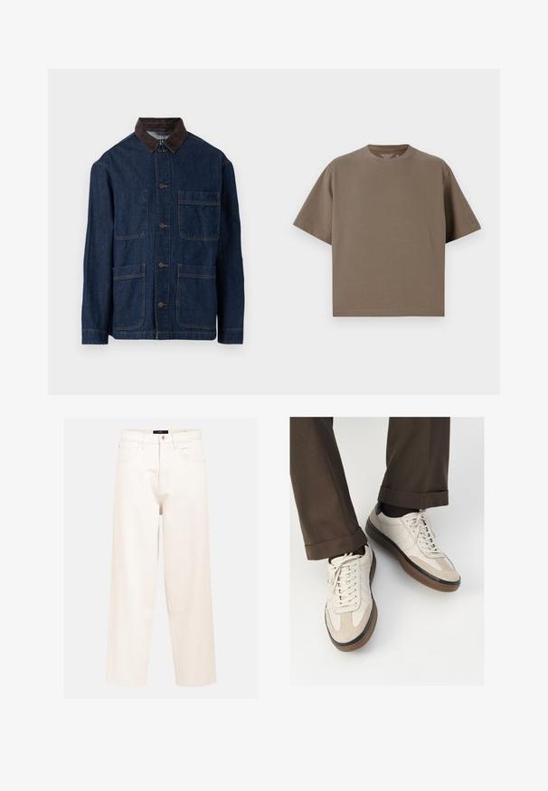 Denim jacket in dark blue with a brown corduroy collar, featuring front button closure and four pockets. Reinforced stitching visible.; Brown, short-sleeve t-shirt made of soft fabric with a round neckline. Features a relaxed fit and simple hem detailing.; Light beige wide-leg jeans in cotton denim with a high waist, five-pocket design, and a single front button closure.; Beige sneakers with a textured suede front, smooth leather sides, and a brown rubber sole. Laces and light stitching detail included.