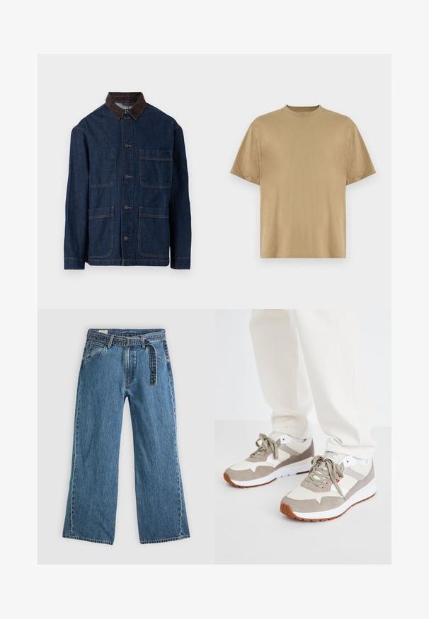 Giacca di denim di colore blu scuro con colletto in corduroy marrone, presentante chiusura frontale con bottoni e quattro tasche. Cuciture rinforzate visibili.; T-shirt khaki a maniche corte realizzato in morbido tessuto, con scollatura rotonda e vestibilità rilassata. Non sono visibili pattern o grafiche.; Jeans in denim blu con gamba larga, cintura attaccata, tasche laterali e cuciture visibili su uno sfondo chiaro e uniforme.; Sneakers beige e grigi con una combinazione di materiali in suede e mesh. Presentano una suola intermedia bianca e una suola in gomma gomma. Design classico con lacci.