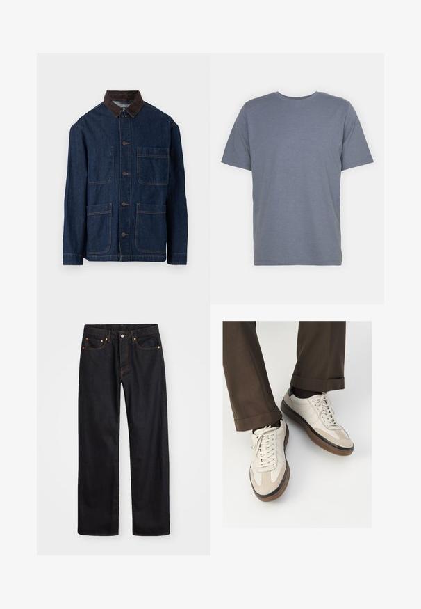 Denimjakke i mørkeblått med brun cordfløyelskrage, med frontknapplukking og fire lommer. Forsterket søm synlig.; Grå kortermet T-skjorte med rund hals, laget av myk bomullsblanding. Enkel design, ingen mønstre eller accenter.; Men's straight-leg svarte denim jeans med fem lommer og oransje søm, knapp og glidelås lukking foran på midjen.; Beige sneakers med teksturert semsket front, glatte skinnsider og en brun gummisåle. Snører og lys syddetalj inkludert.
