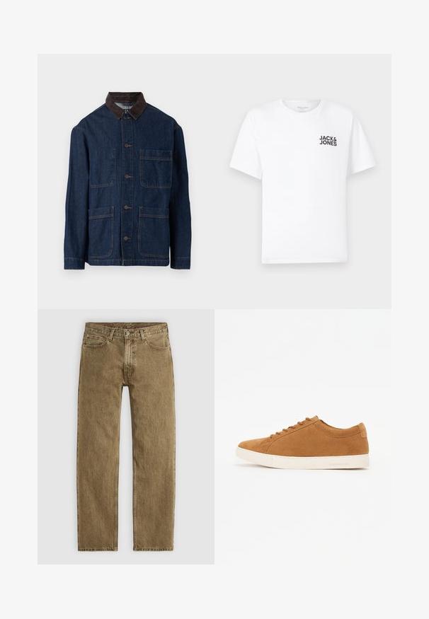 Tumši zilā džinsa jaka ar brūnu korduroja apkakli, ar priekšējo pogu aizdari un četrem kabatām. Redzama pastiprināta šuvju apstrāde.; Balts kokvilnas t-krekls, īsām piedurknēm, apaļo kakla izgriezumu. Uz kreisās krūts daļas ir melna teksta druka "JACK & JONES". Vienkāršs, bezpušķains dizains.; Gai brūni džinsi ar taisnu kāju dizainu, piecu kabatu stilu un vara toni piekariņiem. Struktūrēta auduma ar redzamām šuvēm.; Brūni zamšādas ikdienas apavi ar zemu augstumu, baltu gumijas zoli un noapaļotu purngalu. Iezīmē saskaņotas auklas un minimālu zīmolu uz papēža.