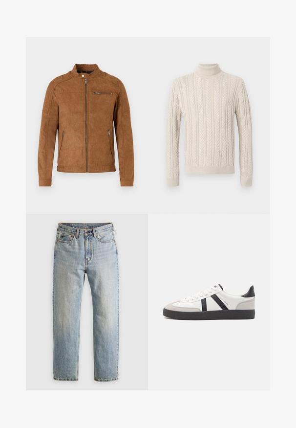 Tan suede jacket featuring a stand collar, front zip closure, two side pockets, and one zippered chest pocket. Smooth texture, minimalistic design.; Beige, knitted sweater with a high, ribbed turtleneck. Features a textured cable pattern and ribbed cuffs and hem, offering a cozy appearance.; Light blue denim jeans with high waist, front button, zipper, and five-pocket design, laid flat on a neutral background.; White sneaker with black and gray accents, featuring a textured gray toe cap, black rubber sole, and flat white laces. Clean design, minimalist style.