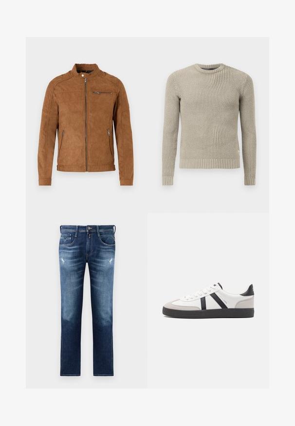 Veste en daim beige avec col montant, fermeture éclair à l'avant, deux poches latérales et une poche poitrine zippée. Texture lisse, design minimaliste.; Pull en tricot beige avec des manches longues, poignets et ourlet côtelés, col rond, motif texturé, fabriqué à partir de matériau doux.; Jean en denim bleu avec une coupe régulière, présentant un lavage délavé, un léger distress, cinq poches et des coutures contrastées. Fermeture à bouton à la taille.; Baskets blanches avec des accents noirs et gris, présentant un embout texturé gris, une semelle en caoutchouc noir et des lacets plats blancs. Design épuré, style minimaliste.