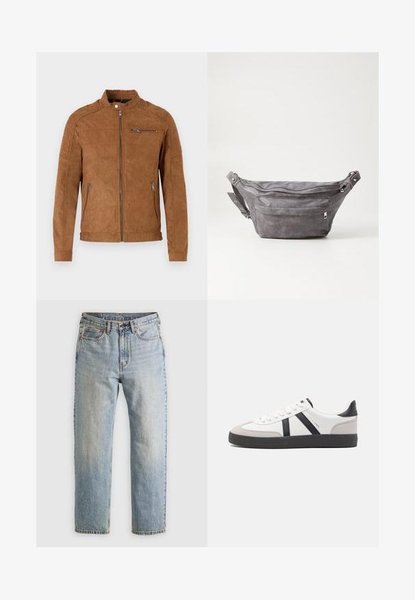 Tkanina izsušena jakna v bež barvi z odprtim ovratnikom, sprednjim zadrgo, dvema stranskima žepoma in enim žepom na prsih z zadrgo. Gladka tekstura, minimalističen dizajn.; Temno zelena kapuca iz mehke tkanine, z kenguru žepom, vrvicami in belim logotipom na levi strani prsnega koša.; Svetlo modri džins hlače z visokim pasom, sprednjim gumbom, zadrgo in petimi žepi, laid flat na nevtralni podlagi.; Bela športna obutev z črnimi in sivo akcenti, z teksturirano sivo kapico za prste, črnim gumijastim podplatom in ravnimi belimi vezalkami. Čista zasnova, minimalistični slog.; Sivkasta zamšasta torbica s okroglo obliko, dvema žepoma na zadrgo in nastavljivim trakom. Ima kovinske dodatke.