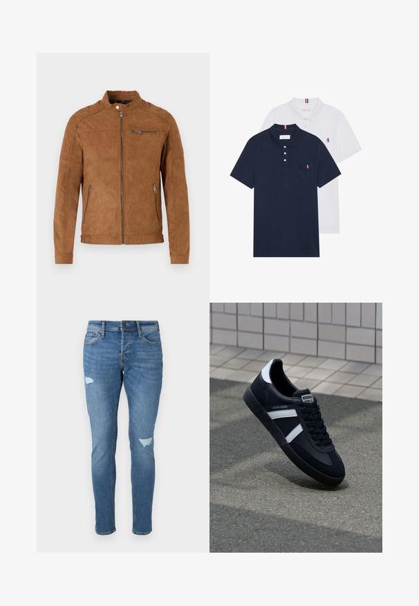 Tan suede jacket featuring a stand collar, front zip closure, two side pockets, and one zippered chest pocket. Smooth texture, minimalistic design.; Two polo shirts: one navy blue and one white, both with a small red, white, and blue accent on the chest pocket and collar.; Faded blue denim jeans with a slim fit, featuring distressed areas at the knees, a button closure, and five-pocket design.; Black leather sneaker with white stripes, textured rubber sole, and lace-up front. Features a branded label on the tongue.