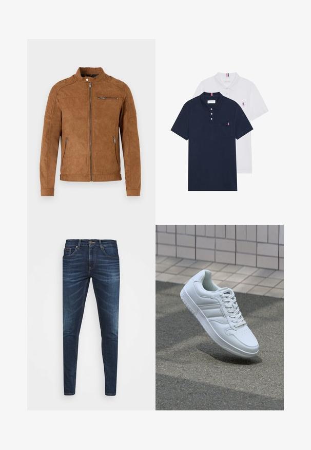 Jachetă din suede bej, cu guler tip stand, închidere frontală cu fermoar, două buzunare laterale și un buzunar pe piept cu fermoar. Textură netedă, design minimalist.; Două tricouri polo: unul albastru navy și unul alb, ambele având un mic accent roșu, alb și albastru pe buzunarul de la piept și guler.; Jeans din denim de culoare albastră închisă, cu o croială slim, ușor decolorate, cinci buzunare și închidere cu buton metalic. Detalii cusute în culori contrastante.; Adidași albi pentru sport cu superior din piele netedă, sistem de șireturi în față, vârf perforat și talpă cu model. Design minimalist cu trei dungi laterale.