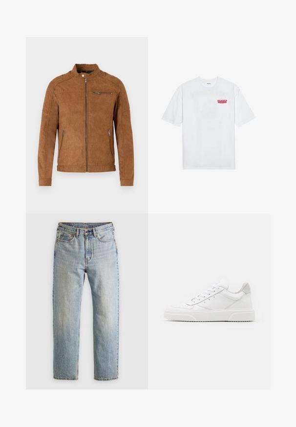 Veste en daim beige avec col montant, fermeture éclair à l'avant, deux poches latérales et une poche poitrine zippée. Texture lisse, design minimaliste.; T-shirt en coton blanc avec des manches courtes, col rond et un texte graphique rouge "FRUIT RAFRAÎCHISSANT DÉLICIEUX" à l'avant.; Jean en denim bleu clair à taille haute, avec bouton avant, fermeture éclair et design à cinq poches, posé à plat sur un fond neutre.; Des baskets en cuir blanc avec une finition lisse, un bout rond, des lacets plats et une semelle texturée. Accents en daim gris au niveau du talon.