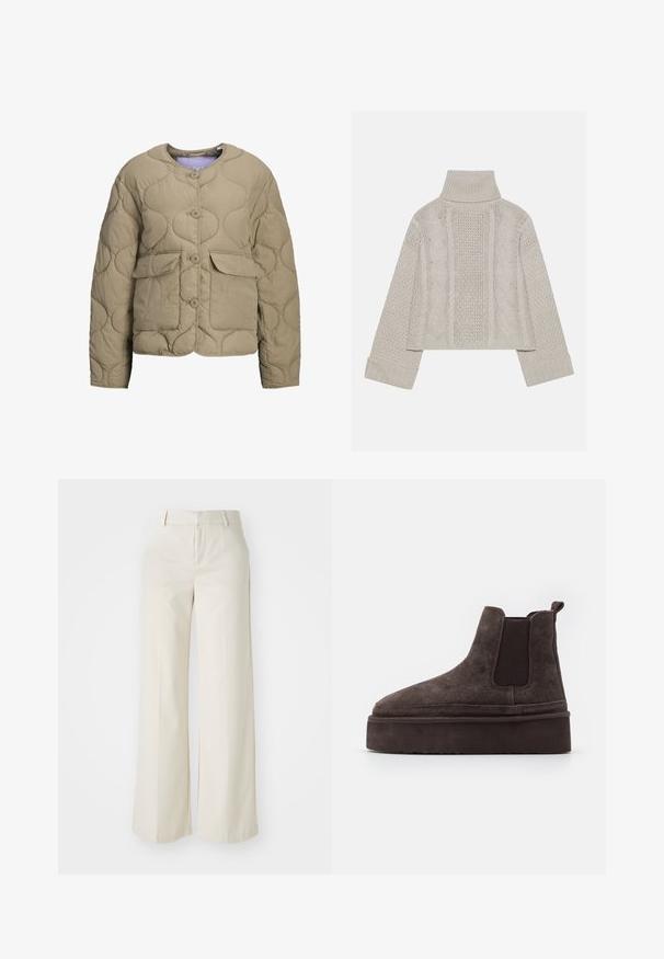 Šviesiai rudos spalvos siuvinėta striukė su apvaliu iškirpimu, priekiniais mygtukais ir dviem kišenėmis. Pasižymi pūkuota tekstūra ir laisvu siluetu.; Sumažintas šviesiai pilkas megztinis su aukštu apykakle ir rūdytomis rankovėmis, su tekstūriniais kabelių raštais nugaroje ir šonuose.; Pločios kojos kelnės šviesiai bežinės spalvos, pagamintos iš lygaus audinio. Yra klasikinis juosmens dizainas ir lygūs priekiniai įsiuvai su švariomis linijomis.; Rudos gamtos nubuko Chelsea batai su elastingomis šoninėmis detalėmis ir storu, tekstūruotu platformos padu. Šiame modelyje yra kilpos elementas kulne, kuris palengvina apsiaustą.