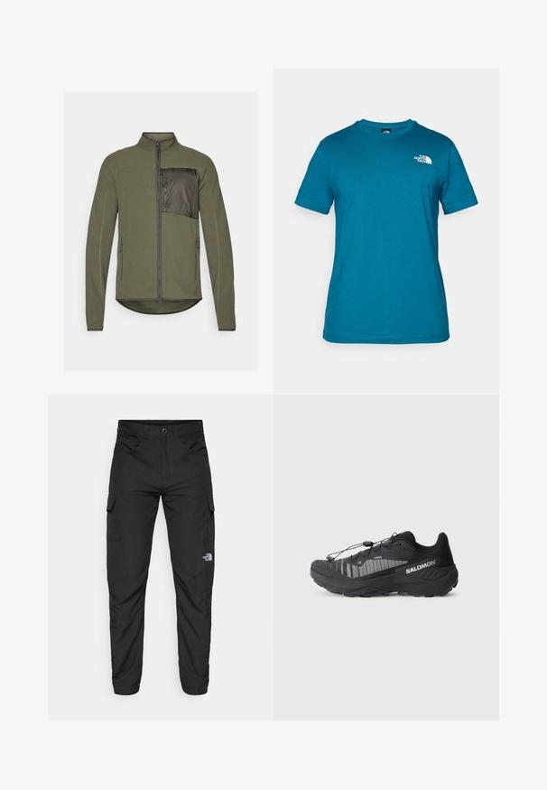 Veste en polaire de couleur vert olive avec une texture structurée, fermeture éclair à l'avant, et une poche en tissu contrasté sur la poitrine gauche. Deux zippers latéraux.; T-shirt à manches courtes teal en coton doux, arborant un logo blanc imprimé sur le côté gauche de la poitrine et un col rond classique.; The North Face HORIZON PANT - Pantalons outdoor - black; Chaussure de trail running noire avec une tige en mesh texturé, des accents réfléchissants, une semelle rembourrée et un système de laçage élastique. Logo sur le côté.