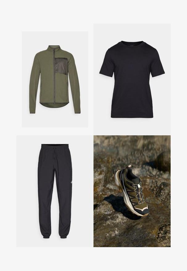 Jakna od flisa u maslinasto zelenoj boji s strukturiranom teksturom, prednjim zatvaračem i kontrastnom krpom na lijevoj strani prsnog dijela. Dva bočna patentna zatvarača.; Crna majica od gladkog materijala, s okruglim izrezom i kratkim rukavima. Diskretno brendiranje otisnuto crnom bojom na prsima.; Crne sportske hlače od lagane tkanine, s pojasom na vezanje, bočnim džepovima i suženim manžetama na gležnjevima.; Planinarska obuća u maslinasto zelenoj i crnoj boji s ružičastim akcentima. Ima teksturirani gornji dio, fleksibilnu podlogu, ojačan vrh i šareni sustav vezanja.