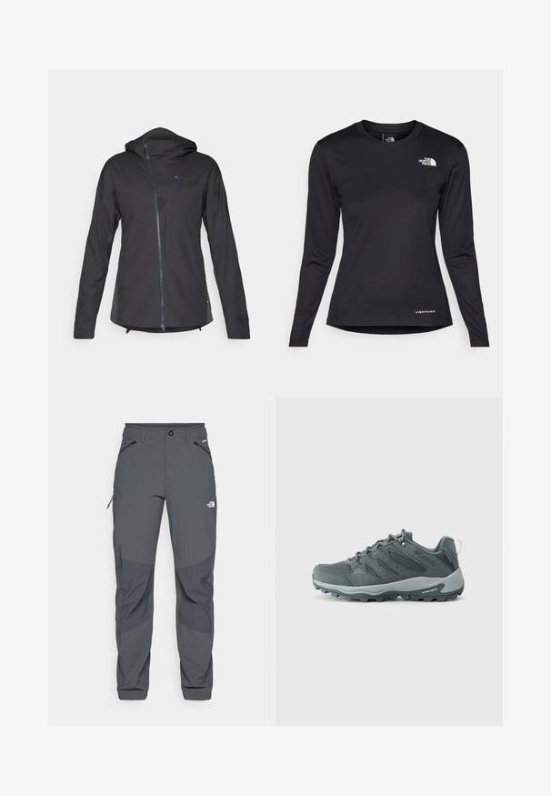 Chaqueta ligera negra con capucha, con cierre frontal, acentos texturizados y un panel de malla transpirable en el pecho.; The North Face SHADOW LONG SLEEVE - Camiseta de manga larga - black; Pantalones de exterior gris oscuro con parches de refuerzo en las rodillas, bolsillos laterales y frontales con cremallera, cierre de botón y el logo de The North Face en el muslo.; Zapatillas de senderismo de color gris oscuro con parte superior de malla y ante, diseño de cordones, suela acolchada y suela robusta con patrón de agarre.