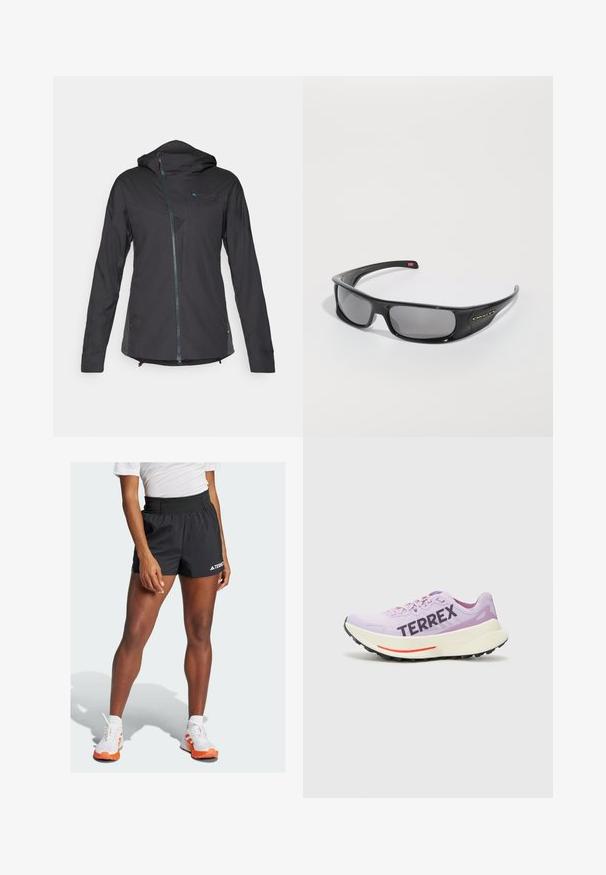 Sort letvægtsjakke med hætte, med en frontlynlås, teksturerede accenter og et åndbart meshpanel på brystet.; Langærmet hvid sports skjorte med høj hals, lavet af glat, strækbart stof; har raglanærmer og et lille sort logo.; Sorte atletiske shorts med en bred talje, der har teksten "TERREX" og et Adidas-logo. Parret med hvide sko med orange detaljer.; Lilla løbesko med åndbart mesh-overdel, fremtrædende "TERREX" logo, hvid mellemsål og sort gummisål med rød accent.; Sorte Oakley wraparound solbriller med mørke rektangulære linser og bølgede arme på en helt hvid baggrund.