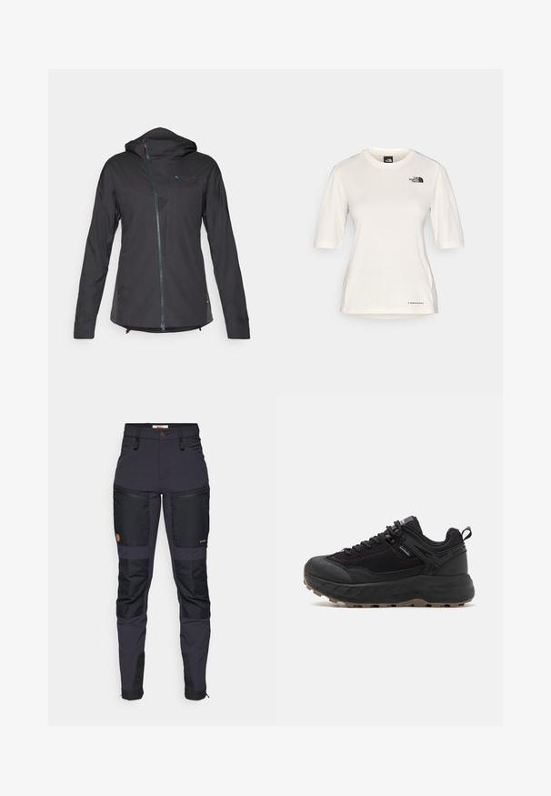 Čierna ľahká bunda s kapucňou, obsahujúca predný zips, textúrované akcenty a priedušný sieťovinový panel na hrudi.; The North Face SHADOW SHORT SLEEVE - Športové tričko - white dune; Tmavosivé nohavice s čiernymi zosilnenými záplatami. Medzi vlastnosti patrí zapínanie na zips, priliehavý strih a odolná textúra látky.; Čierne športové topánky s textúrovaným koženým a textilným zvrškom, vzorovanou podrážkou, zosilnenou špičkou a nastaviteľným šnurovaním.