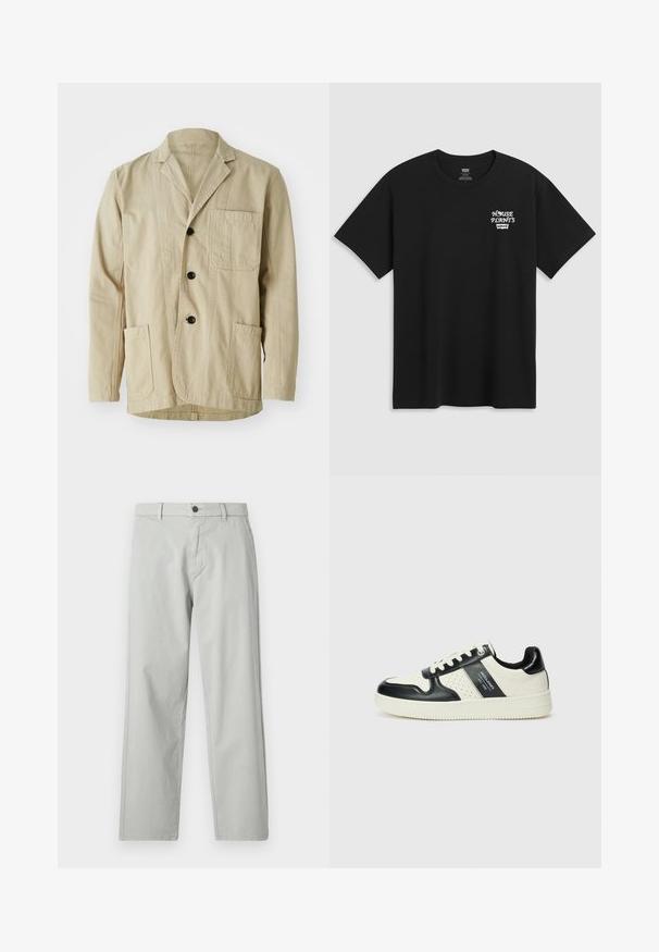 Beige cotton jacket with a notched collar, three buttons, three pockets, and a straight hem. Textured fabric with a minimalist design.; Black cotton t-shirt featuring a chest print that reads "HOUSE PLANTS" in white stylized font with "Levi's" below. Classic crew neckline.; Light gray, straight-leg pants made of a smooth, woven fabric. Features a front button closure and side pockets. Minimalist style.; Leather sneakers with a black and cream color scheme, featuring perforated accents, a padded collar, and a textured outsole.