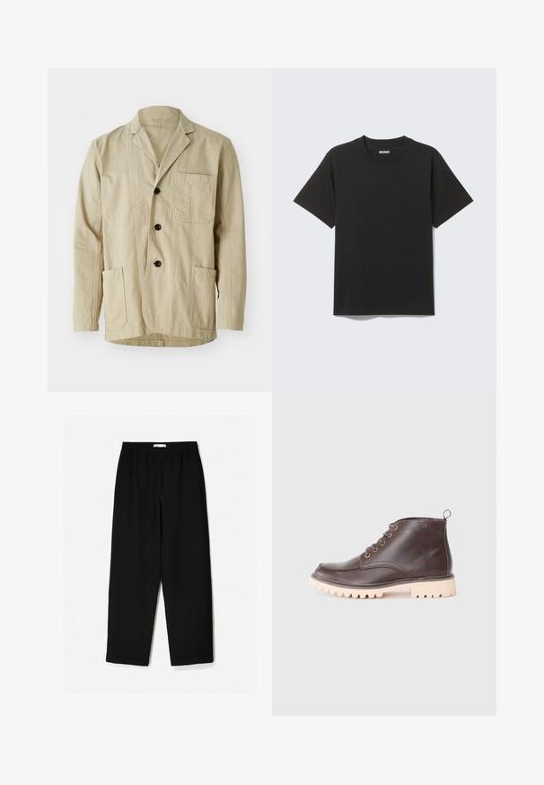 Beige katoenen jacket met een geknipt kraag, drie knopen, drie zakken en een rechte zoom. Gelaagd textiel met een minimalistisch ontwerp.; Zwart T-shirt met korte mouwen gemaakt van zachte katoen, met een ronde halslijn en een eenvoudig ontwerp zonder patronen of accenten.; Zwarte, wijde broek van een lichtgewicht stof. Voorzien van een elastische tailleband en een soepele textuur. Geen zichtbare patronen of hardware.; Bruine leren enkelboot met ronde neus, beige robuuste buitenzool, zes goudkleurige oogjes en een achterste trekband voor gemakkelijk aan- en uittrekken.