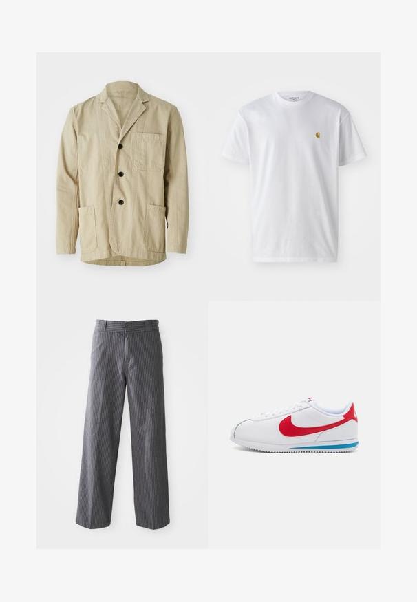 Beige katoenen jacket met een geknipt kraag, drie knopen, drie zakken en een rechte zoom. Gelaagd textiel met een minimalistisch ontwerp.; Witte katoenen t-shirt met korte mouwen en ronde hals, voorzien van een klein gouden logo op de linkerkant van de borst. Zachte textuur en een normale pasvorm.; Grijze pinstripe wijde broek met riemlussen, vlakke voorkant en rechte onderranden, weergegeven tegen een witte achtergrond.; Witte sneaker met rode accenten, met een gladleren bovenwerk, ronde neus en een blauwe zool. Vetersluiting met zichtbare stikseldetails.