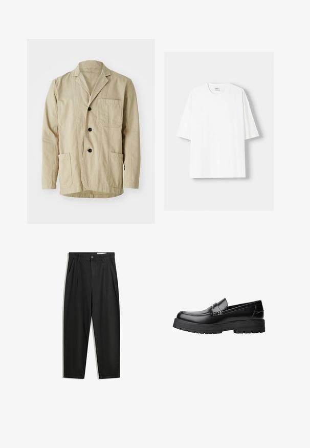 Beige puuvillatakki, jossa on lovellinen kaulus, kolme nappia, kolme taskua ja suora helma. Teksturoitu kangas minimalistisella muotoilulla.; Valkoinen lyhythihainen t-paita, joka on valmistettu puuvillasta, ominaisuutenaan pyöreä pääntie ja rento istuvuus. Sileä pinta, ilman näkyviä kuvioita tai yksityiskohtia.; Mustat puuvillahousut rentoa mallia, joissa on klassinen vyötärö, etukangastukset ja sivutaskut. Sileä pinta ilman kuvioita.; Musta nahkainen loaferi, jossa on paksu urheilupohja ja koristeellinen hihna yläpääkkeellä, esitettynä vasemman sivuprofiilin kuvassa valkoista taustaa vasten.