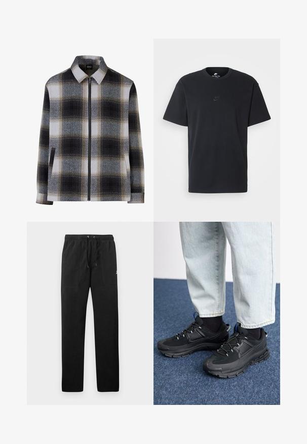 Kaklaraiščio tipo švarkas su languota raštu, kuriame dominuoja juoda, balta ir smėlio spalvos. Uždarymas užtrauktuku ir dvi šoninės kišenės. Minkšta tekstūra.; Juodas medvilninis Nike marškinėliai su klasikinėmis apykaklėmis, trumpomis rankovėmis ir subtiliu, įspaustu logotipu ant krūtinės. Sklandus tekstūra.; Juodos vilnonės kelnės su elastiniu juosmeniu ir raišteliais, dviem priekinėmis kišenėmis ir maža slogo ant šlaunies.; Juodi sportiniai bateliai su tekstūruota medžiaga ir guminiais padais, su elastingomis raišteliais ir mėlynu akcentu ant kulno. Dėvimi su šviesiai mėlynomis džinsinėmis kelnėmis.