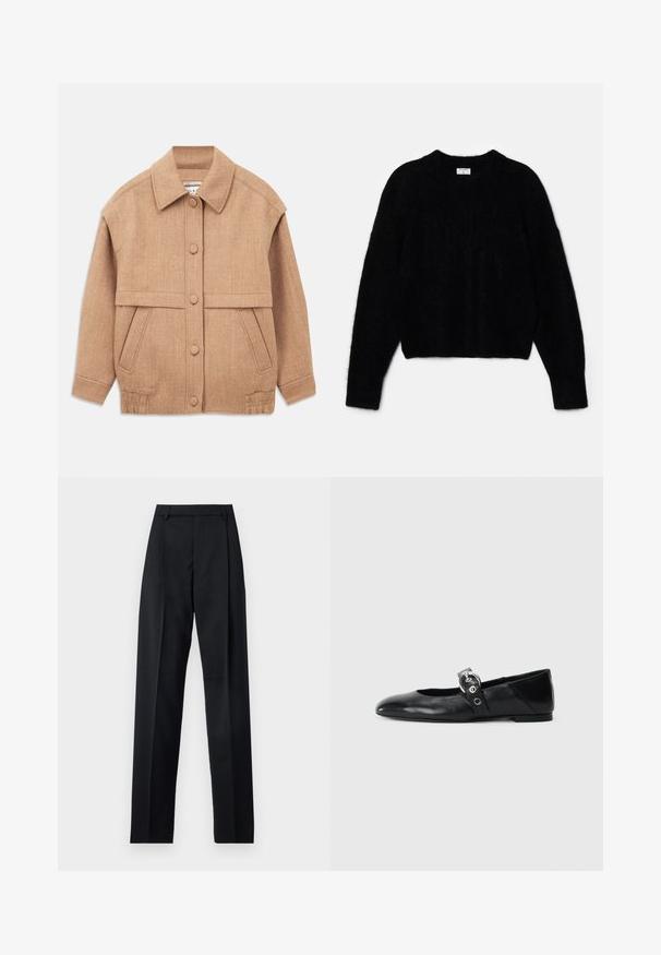 Barna gyapjúkeverék dzseki, galléros nyakkal, gombos záródással, két elülső zsebbel és enyhén oversized fazonó, felhajtott ujjakra.; Fekete, rövidített pulóver bolyhos anyagból. Kerek nyakkivágással és hosszú ujjakon puha tapintású. Minimális design, minta nélkül.; Fekete nadrág sima anyagból, magas derékkal, széles lábakkal, elülső redőkkel és klasszikus övhurkokkal. Oldalzsebek nem láthatók.; Fekete bőr balettcipők, hegyes orral, kör alakú fémbújtatóval ellátott pánttal és lapos talppal.