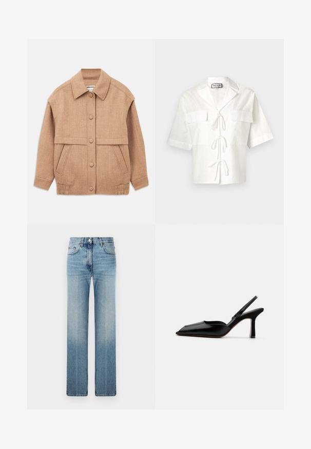 Šviesiai rudas vilnos mišinio džemperis su apykakle, sagomis, dviem priekinių kišenėm ir šiek tiek per dideliu, su rankogaliais, siluetu.; Balta trumpomis rankovėmis marškiniai su apykakle, turintys dvi priekinės kišenes ir užsegimą viduryje. Tekstūruotas audinys su subtiliu raštu.; Šviesiai mėlyni tiesaus kirpimo džinsai, pagaminti iš džinsinio audinio, su subtiliu išblukimu, klasikinio penkių kišenių dizainu ir metaline sagčių uždanga juosmens srityje.; Juodas odinis slingback kulnas su smailiu nosiu, minimalizmo stilius, plonas kulkšnies dirželis ir elegantiškas stiletto kulnas. Lygus paviršius.