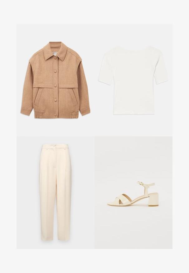 Giacca in misto lana color sabbia con colletto, chiusura con bottoni, due tasche frontali e una vestibilità leggermente oversize con maniche con risvolto.; Top bianco a righe con maniche corte e scollo ampio. La texture presenta strisce verticali, enfatizzando una vestibilità aderente e un design semplice.; Pantaloni beige su misura con vestibilità dritta, caratterizzati da pieghe davanti, una texture liscia e vita a media altezza. Senza tasche visibili.; Sandali con tacco in pelle verniciata beige, design con cinturino incrociato, punta aperta, cinturino alla caviglia regolabile e tacco a blocco. Texture liscia.