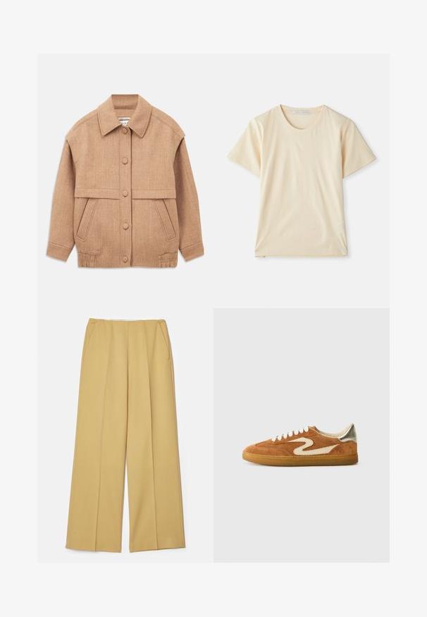 Giacca in misto lana color sabbia con colletto, chiusura con bottoni, due tasche frontali e una vestibilità leggermente oversize con maniche con risvolto.; T-shirt color crema realizzato in cotone morbido e leggero, con maniche corte e scollo rotondo. Senza motivi o accenti visibili.; Pantaloni a gamba larga in tessuto giallo senape, con tasche frontali e una superficie liscia, dal design pulito e sartoriale.; Sneaker in suede marroni e crema, con un design zigzag unico, lacci beige e suola in gomma. Dettagli metallici sul tallone.