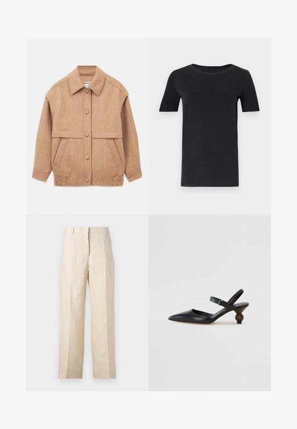 Beige Wollmischjacke mit Kragen, Knopfverschlüssen, zwei vorderen Taschen und einem leicht oversized Schnitt mit umgeschlagenen Ärmeln.; Schwarzes T-Shirt mit kurzen Ärmeln aus weicher Baumwolle, mit rundem Halsausschnitt und klassischer Passform. Glatte Textur, ohne Muster oder Verzierungen.; Beige Leinenhosen mit einer lockeren Passform, gefältelter Vorderseite und geraden Beinen. Besitzt einen Bund mit Gürtelschlaufen und keine sichtbaren Taschen.; Schwarzer Leder-Slingback-Schuh mit einer spitzen Zehe, geschwungenem Design und einem runden, holzähnlichen Absatz. Verfügt über einen schmalen Knöchelriemen.