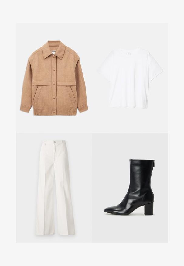 Kreemivärvi villa segajakk, millel on krae, nööbid, kaks esist suud, ning veidi üle mõõdu suurus koos mansettidega varrukatega.; Valge puuvillane T-särk lühikeste varrukatega, ümmargune kaelus, mugav lõige ja õmmeldud serv. Silt nähtav kaela seest.; Valged laiade jalgadega püksid, mis on valmistatud siledast puuvillast. Omab esitallist ning lukuga sulgemist ja nelja tasku disaini.; Must musta ankle boot teravaid varvastega ja 4 cm plokknõela. Suurepärase disainiga, millel on külgrihm lihtsaks läbi panemiseks. Sile tekstuur.