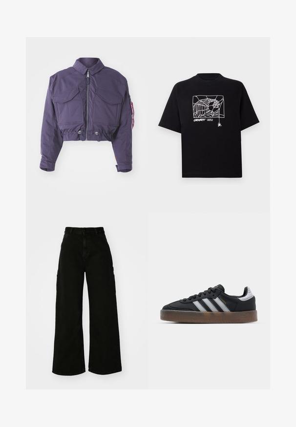 Veste violette raccourcie avec fermeture éclair à l'avant, deux poches poitrine, ourlet à cordon de serrage et poignets élastiques ; présente une étiquette sur la couture latérale.; T-shirt noir en coton à manches courtes. Présente un graphisme de toile d'araignée blanche et un logo à l'avant. Encolure ronde simple.; Pantalons cargo larges noirs en denim, avec taille haute, fermeture à bouton sur le devant et poches latérales. Texture lisse avec des coutures minimales.; Baskets noires au design élégant, avec trois rayures blanches, une languette noire et une semelle en caoutchouc texturée marron. Accents de lettrage doré.