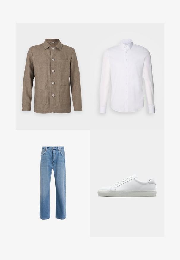 Brown linen jacket with a collared neckline, five front buttons, two patch pockets, and a tailored fit. Soft texture and classic design.; White long-sleeve button-up shirt made from cotton, featuring a classic collar, front buttons, and minimal stitching detail.; Light blue denim jeans with a straight-leg design, five pockets, button closure, minimal fading, and contrasting stitching details.; White sneaker with a smooth leather upper and a low profile. Features a rounded toe, six eyelets, and a textured rubber sole.