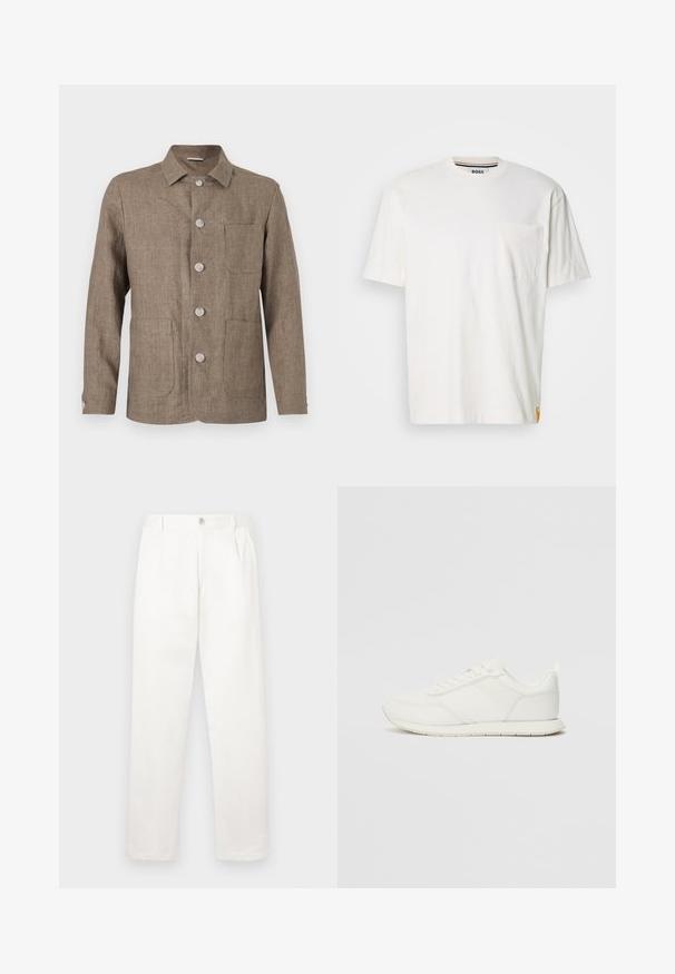 Ruda lininė striukė su apykakle, penkiomis priekinėmis sagomis, dviem kišenėmis ir pritaikytu siluetu. Minkšta tekstūra ir klasikinis dizainas.; Balta medvilnė t-shirt su apvalia iškirpte, trumpomis rankovėmis ir kišene kairėje krūtinės pusėje. Yra nedidelis logotipo ženkliukas ant šono siūlės.; Balti kelni, pagaminti iš lygaus audinio, turi tiesią kojos konstrukciją, priekinę klostę ir vieną mygtuką juosmens srityje.; Balti sportbačiai su tinkline ir sintetine viršutine dalimi, apvaliu nosiu, plokščiomis raištelėmis ir tekstūruota šonine juosta. Guma, kurios padas su vilkimo kilpute gale.