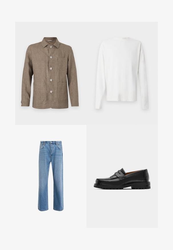 Brown linen jacket with a collared neckline, five front buttons, two patch pockets, and a tailored fit. Soft texture and classic design.; Long-sleeved white cotton shirt with a round neckline, side slits at the bottom, and a smooth texture, displayed from the back.; Light blue denim jeans with a straight-leg design, five pockets, button closure, minimal fading, and contrasting stitching details.; Black leather loafers feature a raised seam, two decorative straps on the upper, and a thick textured sole for added grip.