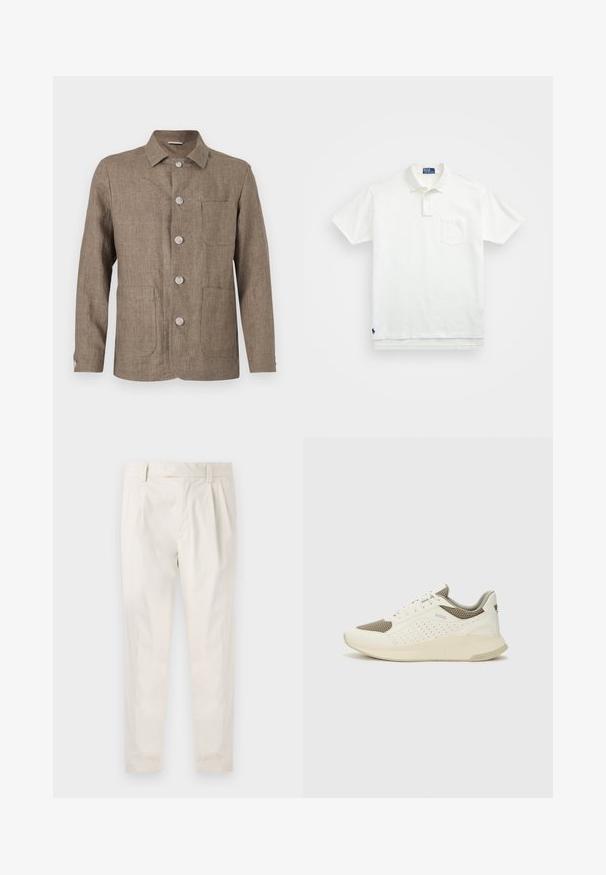 Rjava lanena jakna s ovratnikom, petimi sprednjimi gumbi, dvema žepoma s krpicami in prilegajočim krojem. Mehka tekstura in klasičen dizajn.; Bela polo majica iz bombaža, z klasičnim ovratnikom, trojnim gumbom in žepom na levi strani prsnega predela; majhna blagovna znamka na robu.; Bele, plisirane hlače s krojenim prileganjem, z gladko teksturo, z zankami za pas in ožjimi hlačnicami. Brez vidnih žepov ali vzorcev.; Beli in svetlo bež športni copat, s mrežastim zgornjim delom, perforiranimi detajli in teksturirano srednjim delom z blagovno znamko na peti.