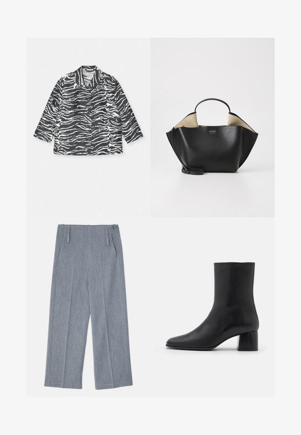 Crna i bijela jakna sa zebrina prugama, s ovratnikom, kopčanjem sprijeda i dugim rukavima, izrađena od teksturiranog materijala.; Crna majica dugih rukava od mekog materijala, sa okruglim izrezom i ležernim krojem s bočnim prorezima na rubu za lakše kretanje.; Svijetlosive hlače širom nogavicom od teksturiranog materijala, s dva prednja nabora i dva bočna dzepa. Čist, krojeni dizajn.; Crne kožne gležnjače s šiljastim vrhom i širokim kvadratnim potpeticom. Glatka tekstura s bešavnim dizajnom i minimalističkim šavovima.; Ree Projects ANN TOTE MINI - Ručna torba - black