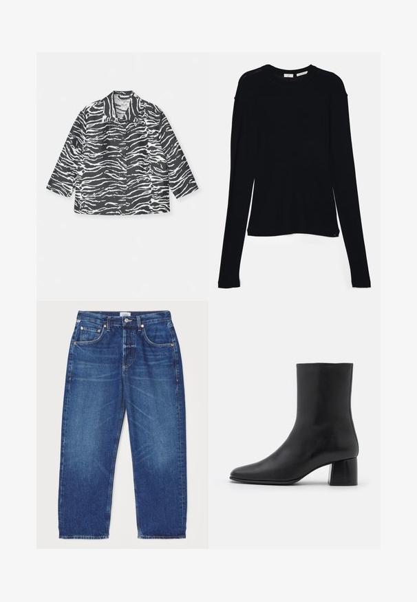 Black and white zebra-striped jacket with a collared neckline, button front, and long sleeves, made from a textured fabric.; Black long-sleeve top made of soft fabric, featuring a round neckline and a relaxed fit with side slits at the hem for ease of movement.; Citizens of Humanity DAHLIA IN CLAREMONT - Relaxed fit jeans - dark-blue denim; Black leather ankle boot with a pointed toe and a chunky square heel. Smooth texture with a seamless design and minimalistic stitching.