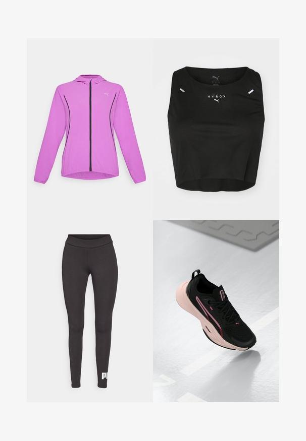 Lightweight athletic jacket in bright pink, featuring a hood, full front zipper, black accents, and elastic cuffs for a secure fit.; Black cropped tank top made of textured fabric, featuring a round neckline, white logo, and two small reflective accents on the shoulders.; Black leggings made of stretchable fabric, featuring a high waistband and a white logo printed on the lower left leg. Smooth texture.; Black athletic shoe with pink accents and a textured upper. Features a cushioned pink sole and black laces. Lightweight design for performance.