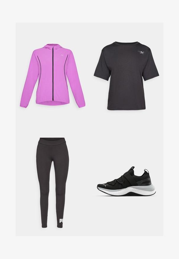 Leichte Sportjacke in leuchtendem Pink, mit Kapuze, durchgehendem Reißverschluss, schwarzen Akzenten und elastischen Bündchen für eine passgenaue Passform.; Schwarzes Kurzarm-T-Shirt aus weichem Stoff, mit rundem Halsausschnitt und einem kleinen Logodetail auf der oberen linken Seite.; Schwarze Leggings aus dehnbarem Stoff, mit hohem Bund und einem weißen Logo, das auf dem unteren linken Bein gedruckt ist. Glatte Textur.; Schwarzer Sportschuh mit strukturiertem Obermaterial, elastischen Riemen und einer dicken weißen Mittelsohle. Mit einem grauen Akzent entlang der Sohle.