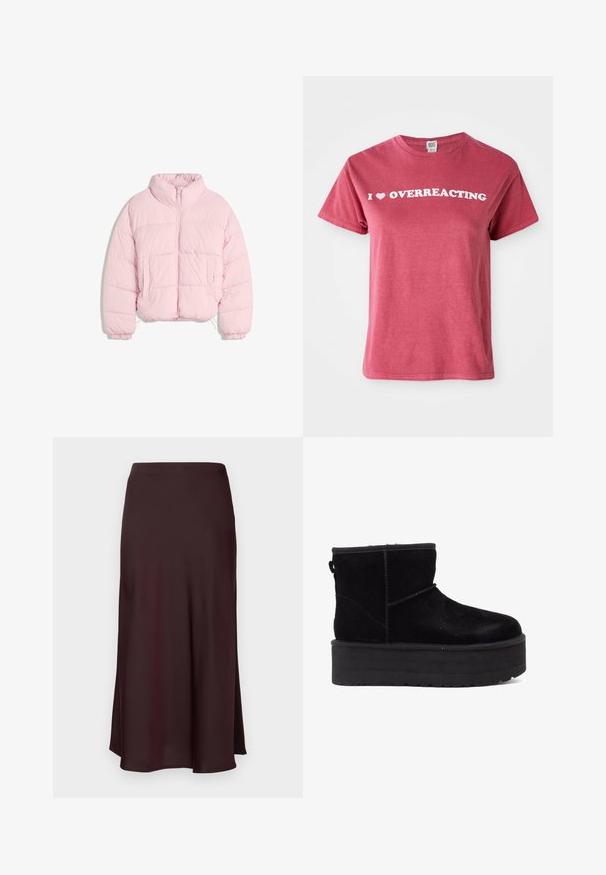 Světle růžová prošívaná bunda s vysokým límcem, předním zipem, elastickými manžetami a dvěma předními kapsami na bílém pozadí.; Marošové bavlněné tričko s krátkým rukávem, zdobené bílým textem "I ♥ OVERREACTING" na hrudi. Jednoduchý design s kulatým výstřihem.; Burgundská saténová midi sukně s hladkou texturou, rovného střihu a mírně rozšířeným lemem. Bez viditelných vzorů či kovových detailů.; Černé semišové kotníkové boty s tlustou platformou a měkkou podšívkou. Dokončeno švy a zadním poutkem pro snadné obléknutí.