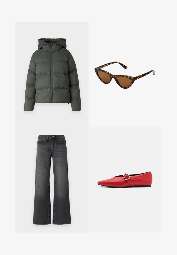 Giubbotto imbottito di colore verde scuro, con cappuccio, chiusura zip frontale e texture trapuntata con baffi orizzontali. Finitura opaca liscia.; Maglione grigio a taglio corto realizzato in tessuto testurizzato. Presenta un collo alto e due tasche anteriori con una vestibilità rilassata. Maniche lunghe.; Jeans a gamba larga in denim grigio scuro. Presentano cinque tasche, una chiusura con bottone e una leggera sfumatura sul tessuto. Accenti di cucitura classica.; Scarpa piatta in pelle rossa con punta affusolata, dotata di un cinturino laterale con fibbia in metallo e un tacco basso nero. Texture liscia su tutta la superficie.; Occhiali da sole cat-eye con una montatura tartarugata nera e arancione, lenti marroni e punte affusolate e eleganti. Presentano un logo minimale sulla asta.