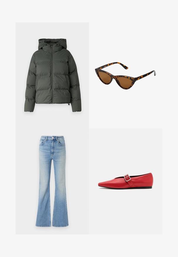 Tumši zaļš pūkains jaka ar kapuci, ar rāvējslēdzēju priekšā, un izšūtu tekstūru ar horizontālām daļām. Gluda matēta apdare.; Pelēks, īsais džemperis, izgatavots no teksturēta auduma. Tam ir augsts apkakles izgriezums un divas priekšējās kabatas ar brīvu piegriezumu. Garas piedurknes.; Gai zili flared džinsi, kas izgatavoti no denima, ar augstu jostasvietu, piecu kabatu dizainu un maigu gradientu izbalēšanu uz apakšmalas.; Sarkanais ādas plakanās kurpes ar smailu purngalu, ar sānu siksnu un metāla sprādzi, kā arī zemu melnu papēdi. Visa virsma ir gluda.; Kaķa acs saulesbrilles ar melnu un oranžu bruņurupuču rakstu rāmi, brūnām lēcām un elegantiem, norādītiem galiem. Rāmī ir minimālists logos uz tempļa.