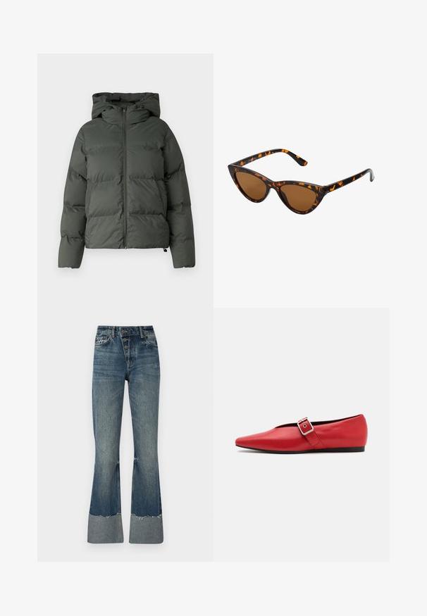 Kurtka puchowa w ciemnozielonym kolorze, z kapturem, zamkiem błyskawicznym z przodu oraz pikowaną teksturą z poziomymi przeszyciami. Gładkie matowe wykończenie.; Szary, krótki sweter wykonany z teksturowanej tkaniny. Posiada wysoki dekolt i dwie przednie kieszenie w luźnym kroju. Długie rękawy.; Dżinsy typu dzwony w średnim niebieskim kolorze, z wysokim stanem, pięcioma guzikami i postrzępionym dołem. Posiadają jaśniejsze mankiety na dole i wyblakłą fakturę.; Czerwone skórzane baleriny z wąskim noskiem, z bocznym paskiem z metalowym klamrą i niskim czarnym obcasem. Gładka tekstura na całej powierzchni.; Okulary przeciwsłoneczne w kształcie kocich oczu z czarno-pomarańczową oprawą w deseń żółwia, brązowymi soczewkami i eleganckimi, spiczastymi końcówkami. Posiadają minimalistyczne logo na zauszniku.