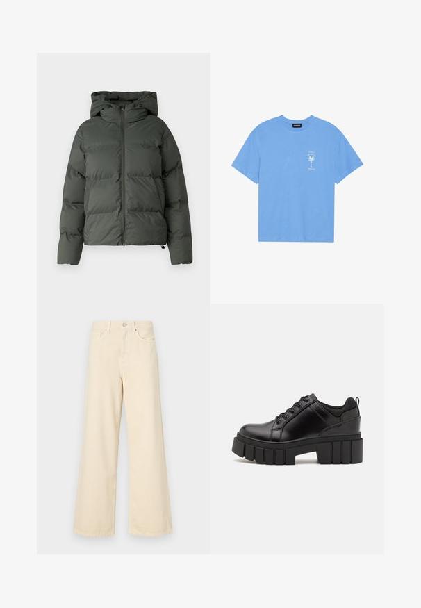 Puffer jacket in dark green, featuring a hood, zippered front, and quilted texture with horizontal baffles. Smooth matte finish.; Light blue cotton t-shirt with a round neckline. Features a white graphic of a palm tree and text on the left chest area. Short sleeves.; Beige wide-leg jeans made of cotton. Features a button closure, belt loops, and front pockets with a smooth, soft texture.; Black leather platform shoes with a chunky block heel, round toe, and traditional lace-up design. Features smooth texture and minimal detailing.