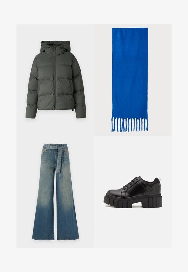Giubbotto imbottito di colore verde scuro, con cappuccio, chiusura zip frontale e texture trapuntata con baffi orizzontali. Finitura opaca liscia.; Due camicie a maniche lunghe: una nera e una bianca. Entrambe presentano un col a girocollo, maniche raglan e un morbido tessuto in misto cotone.; Pantaloni in denim a gamba larga con una sfumatura che va dal blu chiaro al blu scuro, vita alta, passanti per cintura e una cintura in tessuto coordinato. Finitura in denim strutturato.; Scarpe platform in pelle nera con tacco a blocco robusto, punta rotonda e design tradizionale con lacci. Presentano una superficie liscia e dettagli minimi.; Sciarpa blu con frange, realizzata in tessuto morbido; presenta un colore uniforme con una superficie testurizzata e frange tagliate in modo uniforme nella parte inferiore.; Borsa a tracolla in pelle nera con due manici lunghi, una texture liscia e una forma strutturata. Presenta una tasca frontale per ulteriore spazio di archiviazione.