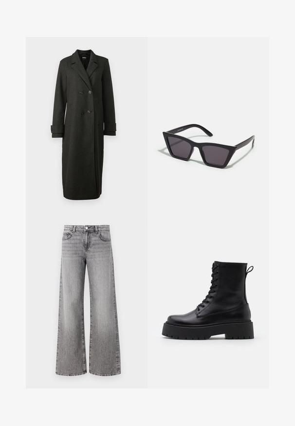 Tumši pelēks vilnas maisījuma mētelis ar dubulto pogušanas dizainu, ieskeļotu atloku un pogātiem piedurknēm. Parāda klasisku taisnu siluetu.; Melnas garām piedurknēm tops, izgatavots no gludas auduma, ar apaļu apkakli un savielkumiem plecu un aproču daļās.; Platas kājas džinsi, izgatavoti no pelēkā denima ar nolietotu apdari. Iespējas ietver klasiskās kabatas un pogu aizdari jostasvietā.; Melni ādas potītēm zābaki ar apļveida purngalu, auklām priekšpusē un biezu gumijas zoli ar teksturētu protektoru. Velkšanas cilpa aizmugurē.; Melni, stūrveida saulesbrilles ar pelēkiem objektīviem; izgatavotas no plastmasas, ar biezām kājām, kam ir gluda virsma un nav redzamu stiprinājumu.; Melnas ādas saķeres soma ar atloku un zelta metāla sprādzi. Ietver melnu siksnu un elegantu, minimālistisku dizainu.; Zelta krāsas auskari gredzena formā, plāni un apaļi, ar gludu metāla apdari un bez rotājumiem vai zīmējumiem.