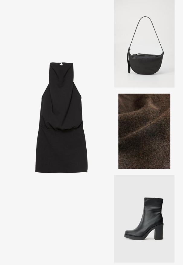 Dunkelbrauner, strukturierten Stoff mit subtilen Farbvariationen, der ein weiches, gewebtes Aussehen und eine matte Oberfläche aufweist.; Schwarzes ärmelloses Kleid mit hohem Kragen, das eine geraffte Taille und ein Schlüssellochdetail im Rücken aufweist. Glatter Stoff mit einem schlichten Design.; Schwarze Lederknöchelstiefel mit hohem Blockabsatz, glatter Textur, enganliegendem Design und genähten Details am oberen Rand.; Schwarze Leder-Schultertasche mit geschwungener Form, einem einzelnen Tragegurt, Reißverschlussverschluss und dezenten Nähdetails entlang des Körpers.