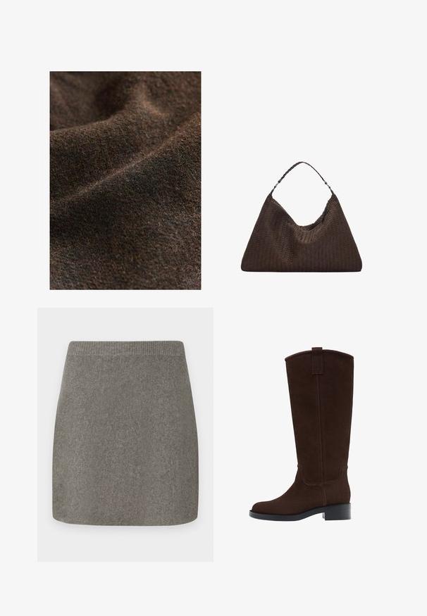 Dunkelbrauner, strukturierten Stoff mit subtilen Farbvariationen, der ein weiches, gewebtes Aussehen und eine matte Oberfläche aufweist.; Hellgrauer gestrickter Pullover mit hohem Kragen, überschnittenen Schultern und gerippten Bündchen und Saum. Weiche Textur mit einem lässigen Schnitt.; Grauer gestrickter Minirock mit einem gerippten Bund, glatter Textur und gerade geschnitten, entworfen für eine figurbetonte Silhouette.; Braune Wildleder-Stiefel bis zum Knie mit runder Fußspitze, dezenten Nähten und einem niedrigen Blockabsatz; verfügen über eine Zuglasche oben für einfaches Anziehen.; Braune, geflochtene Lederhandtasche mit einer lässigen, dreieckigen Form. Verfügt über einen geflochtenen Griff und einen Reißverschluss an der Oberseite.