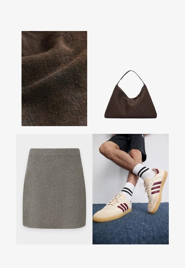 Tummanruskea teksturoitu kangas, jossa on hienovaraisia värieroja, pehmeällä kudotulla ulkonäöllä ja matalla pinnalla.; Vaaleanharmaa neulottu villapaita, jossa on korkea kaulus, laskettu olkalinja ja ribbireunat hihoissa jahelmassa. Pehmeä rakenne ja rento istuvuus.; Harmaa neulottu mini-hame, johon kuuluu ribbausvyötärö, sileä pinta ja suora leikkuu, joka on suunniteltu tiukaksi siluetiksi.; Beige lenkkarit, joissa on viininpunaiset raidat, teksturoitu päällisemateriaali ja kumipohja, yhdistetty valkoisiin ribaatuihin sukkiin, joissa on mustat raidat.; Ruskean kudottu nahkainen käsilaukku, jolla on löysä, kolmiomainen muoto. Varustettu punotulla kahvalla ja vetoketjukiinnityksellä ylhäällä.